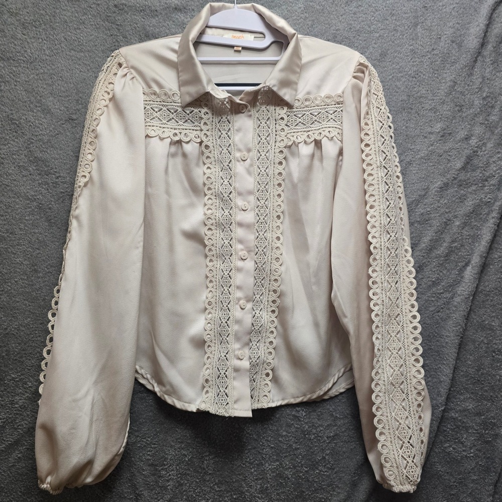 Womens Champagne Cream Crochet Lace Long Sleeve Blouse Office Neutral Size Med